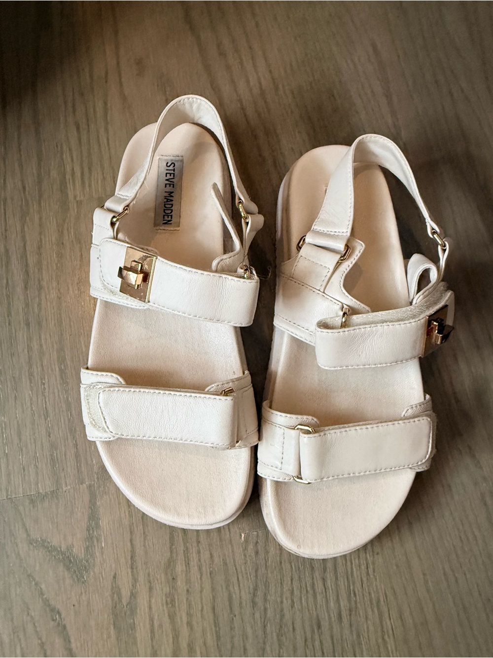Steve Madden Cream Leather Buckle-Strap Sandals with Gold Accents
